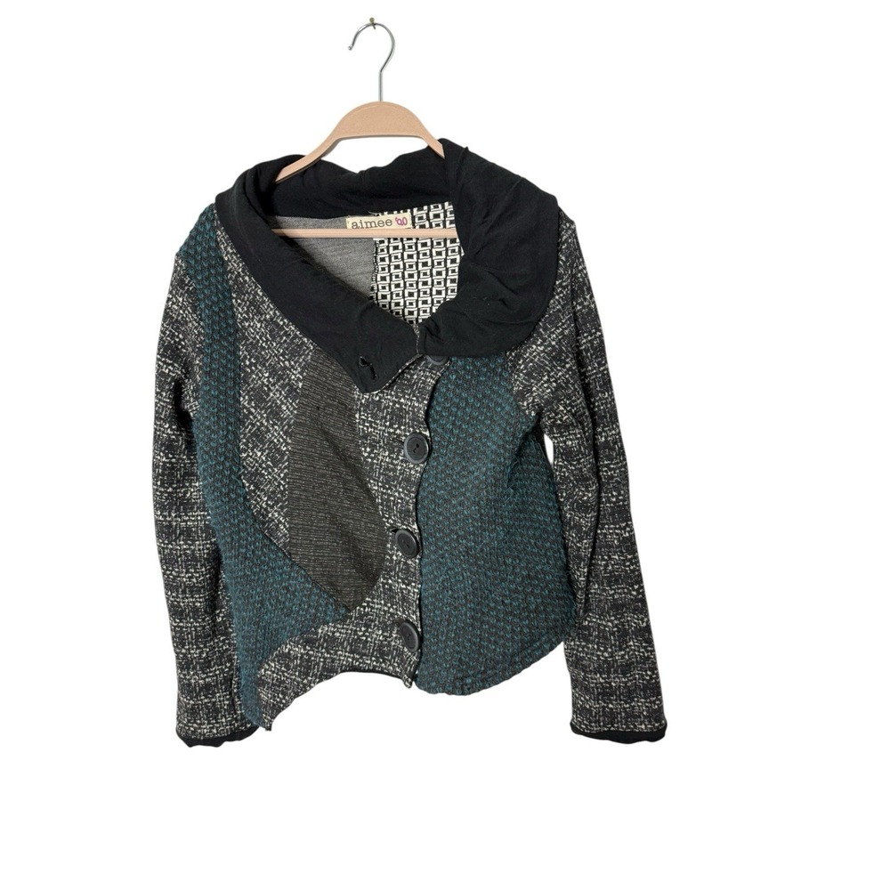 Aimee G Sweater Jacket Womens small Collared Wool Blend Art Pattern‎ Cardigan
